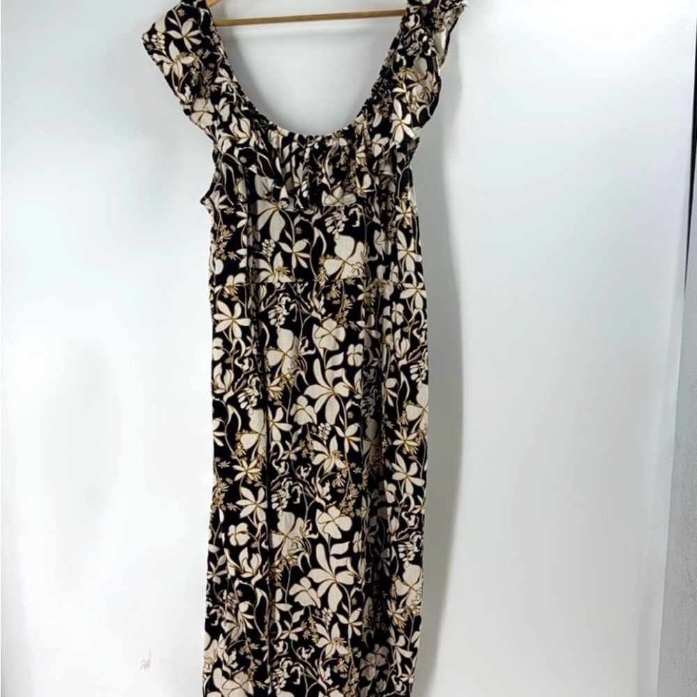 Ava & Viv Linen blend maxi dress romantic ruffle black white gold floral womens